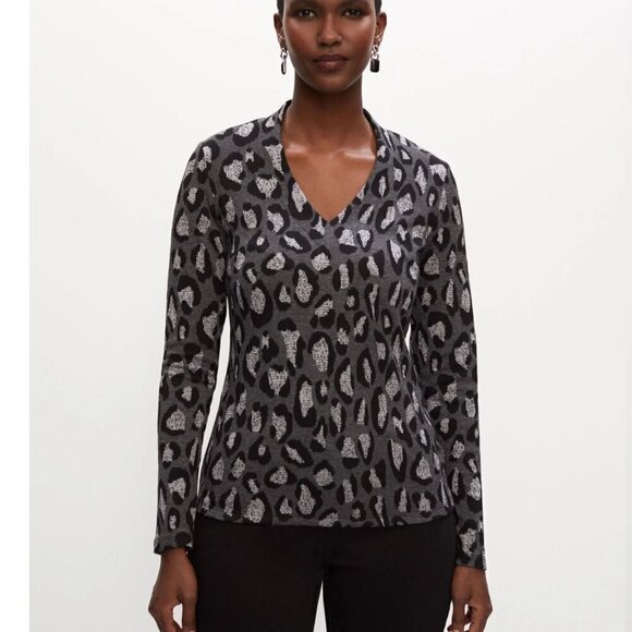 MELANIE LYNE Gray Pattern Leopard Print Top L NEW - Picture 1 of 10